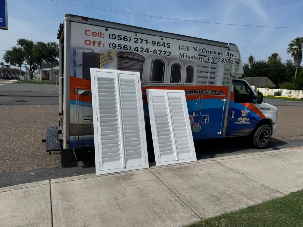 Flexi Blinds & Shutters van with two white plantation shutter panels