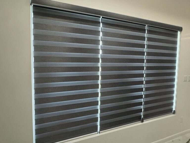 Close-up of zebra blinds with alternating sheer and solid bands