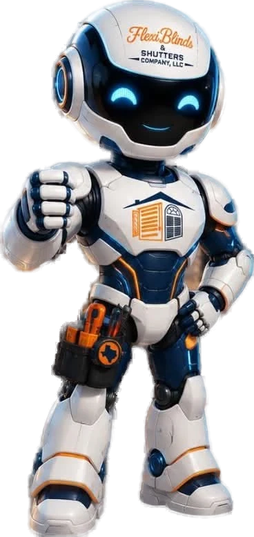 Flexi Blinds & Shutters robot mascot giving a thumbs-up