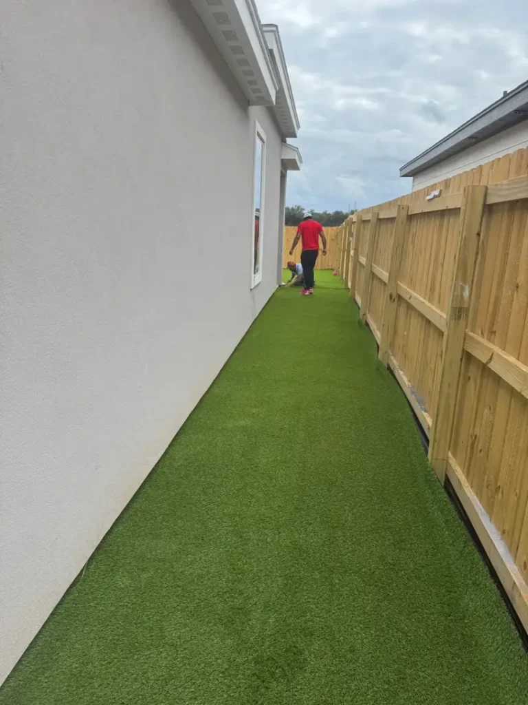Green turf along a narrow side yard next to a wooden fence